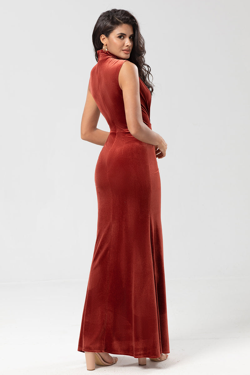 Load image into Gallery viewer, Velvet Stand Collar Terracotta Bridesmaid Dress with Split Front