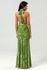 Load image into Gallery viewer, Mermaid Halter Velvet Olive Bridesmaid Dress with Slit