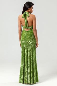 Mermaid Halter Velvet Olive Bridesmaid Dress with Slit