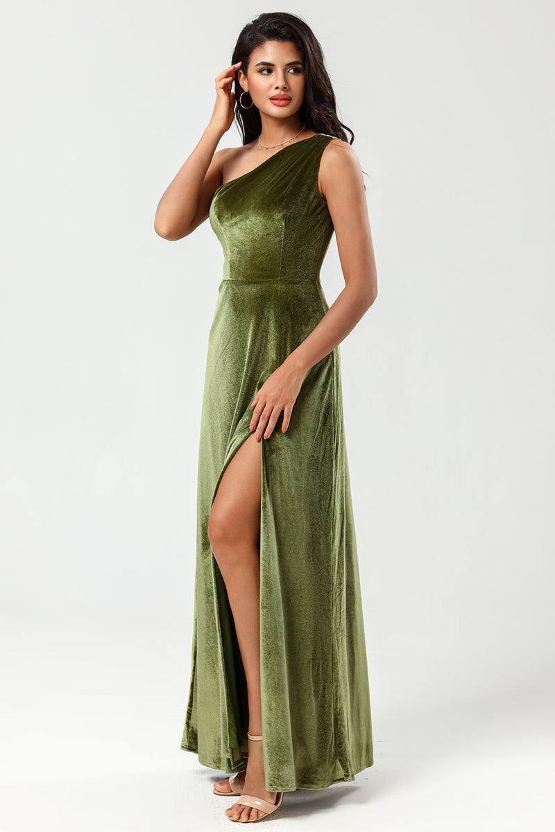 Load image into Gallery viewer, Velvet One Shoulder Olive Bridesmaid Dress with Split Front
