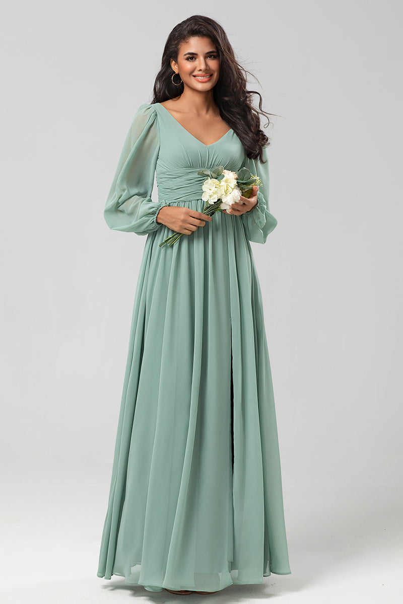 Load image into Gallery viewer, Chiffon A-Line Long Sleeves Matcha Bridesmaid Dress with Slit