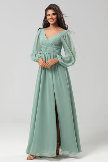 Chiffon A-Line Long Sleeves Matcha Bridesmaid Dress with Slit