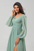Load image into Gallery viewer, Chiffon A-Line Long Sleeves Matcha Bridesmaid Dress with Slit