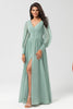 Load image into Gallery viewer, Long Sleeves Matcha Long Bridesmaid Dress with Split Front