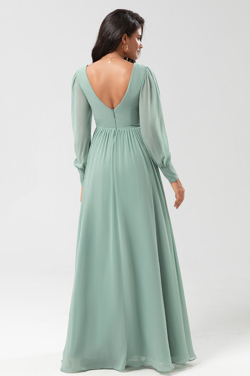 Load image into Gallery viewer, Long Sleeves Matcha Long Bridesmaid Dress with Split Front