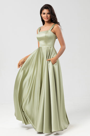 A-Line Satin Dusty Sage Bridesmaid Dress