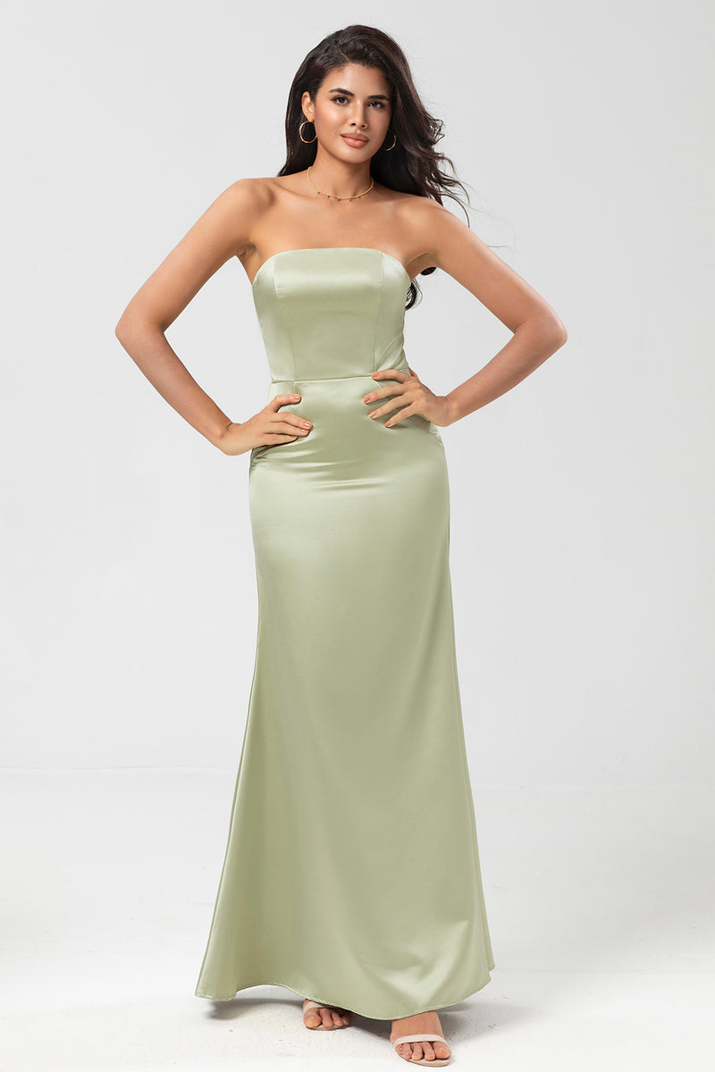 Load image into Gallery viewer, Satin Strapless Dusty Sage Bridesmaid Dress