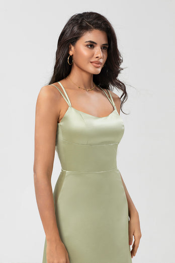 Satin Lace-Up Back Dusty Sage Bridesmaid Dress with Slit