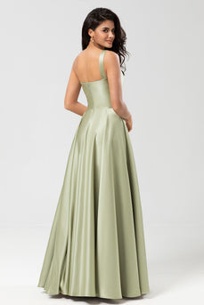 Satin One Shoulder Dusty Sage Bridesmaid Dress with Pockets