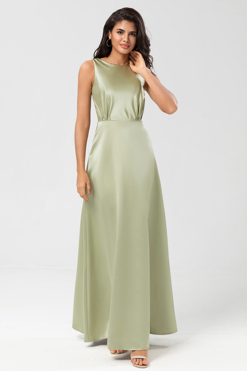 Load image into Gallery viewer, Satin Boat Neck Dusty Sage Bridesmaid Dress