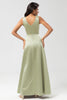 Load image into Gallery viewer, Satin Boat Neck Dusty Sage Bridesmaid Dress