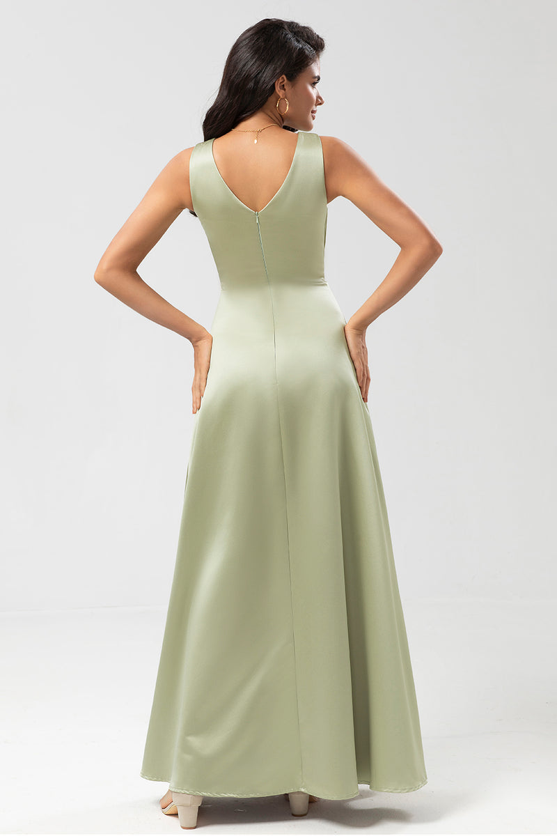 Load image into Gallery viewer, Satin Boat Neck Dusty Sage Bridesmaid Dress