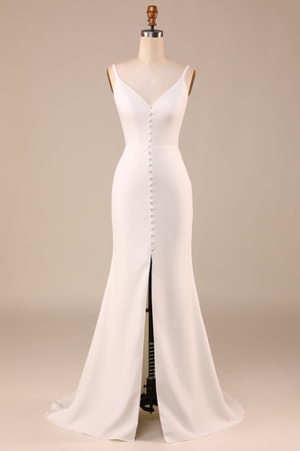 Spaghetti Straps Ivory Sweep Train Wedding Dress with Button