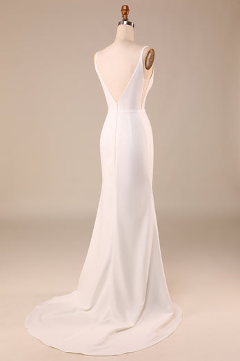 Spaghetti Straps Ivory Sweep Train Wedding Dress with Button