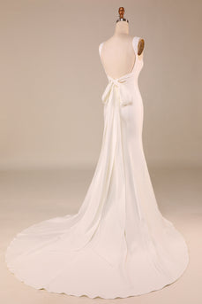 Satin Mermaid Ivory Sweep Train Wedding Dress with Bowknot