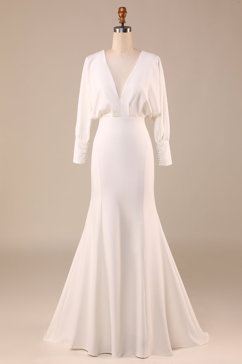 Load image into Gallery viewer, Satin Ivory Sweep Train Wedding Dress with Long Sleeves