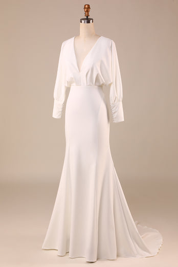 Satin Ivory Sweep Train Wedding Dress with Long Sleeves