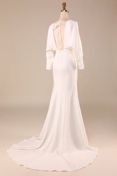 Satin Ivory Sweep Train Wedding Dress with Long Sleeves