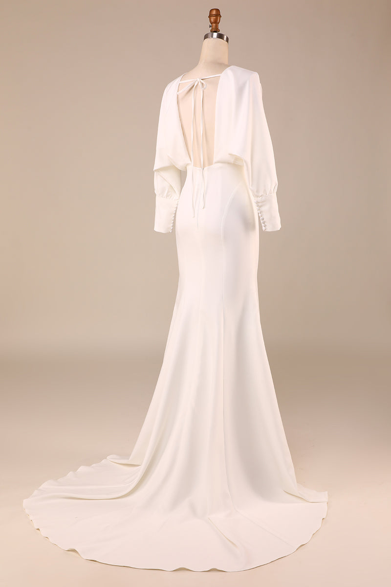 Load image into Gallery viewer, Satin Ivory Sweep Train Wedding Dress with Long Sleeves