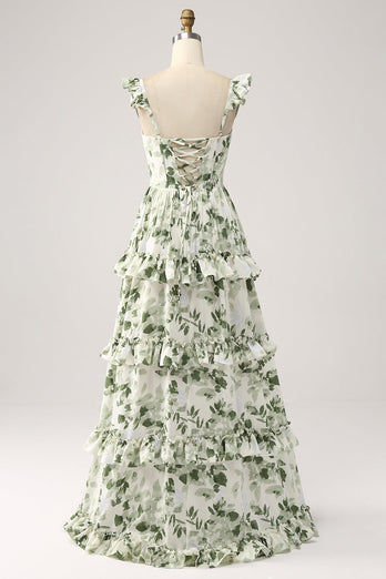 Green Floral Ruffles Tiered Prom Dress with Slit