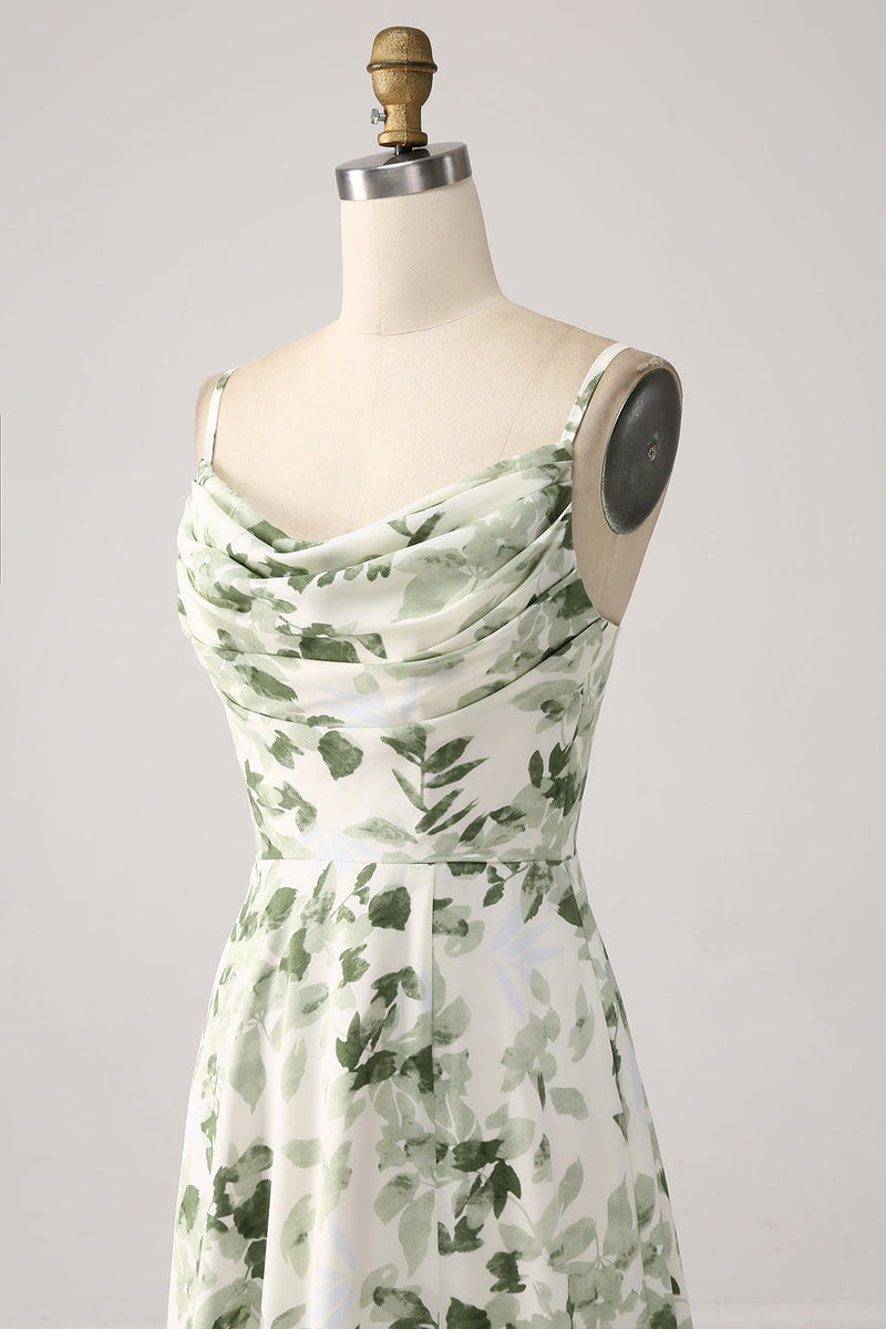 Load image into Gallery viewer, Cowl Neck Green Floral A Line Prom Dress with Slit