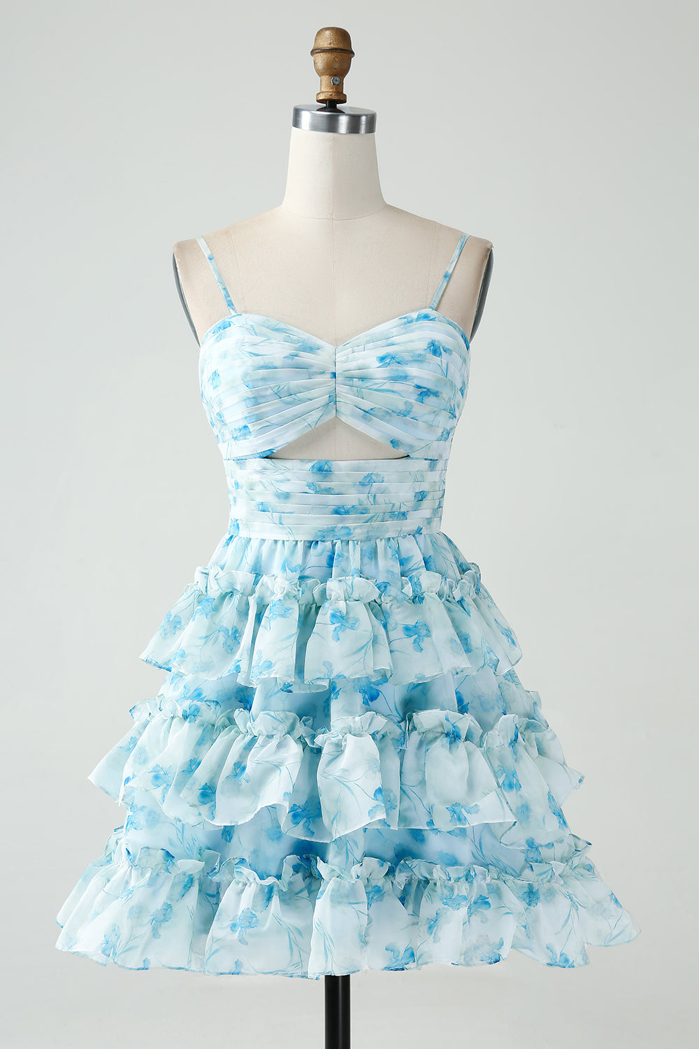 A-Line Spaghetti Straps Tiered Blue Floral Short Party Dress