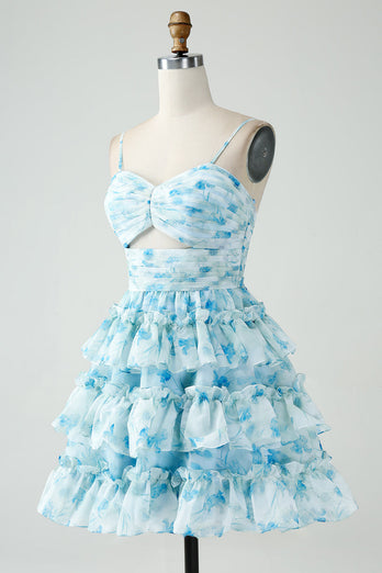 A-Line Spaghetti Straps Tiered Blue Floral Short Party Dress