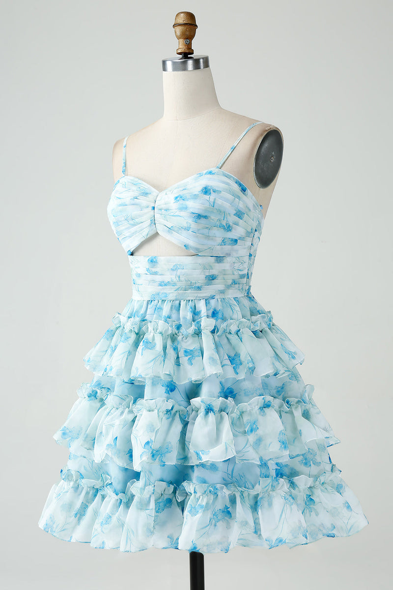 Load image into Gallery viewer, A-Line Spaghetti Straps Tiered Blue Floral Short Party Dress