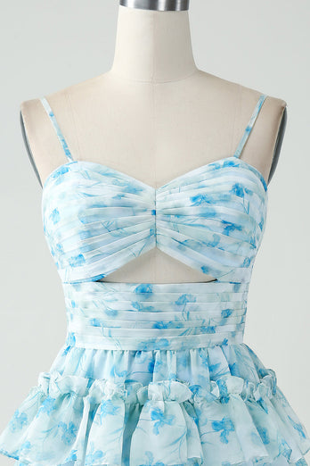 A-Line Spaghetti Straps Tiered Blue Floral Short Party Dress