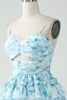 Load image into Gallery viewer, A-Line Spaghetti Straps Tiered Blue Floral Short Party Dress