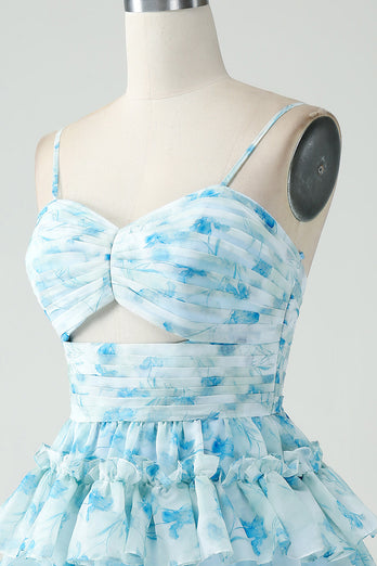 A-Line Spaghetti Straps Tiered Blue Floral Short Party Dress