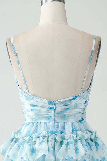 A-Line Spaghetti Straps Tiered Blue Floral Short Party Dress