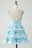 Load image into Gallery viewer, A-Line Spaghetti Straps Tiered Blue Floral Short Party Dress