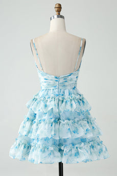 A-Line Spaghetti Straps Tiered Blue Floral Short Party Dress