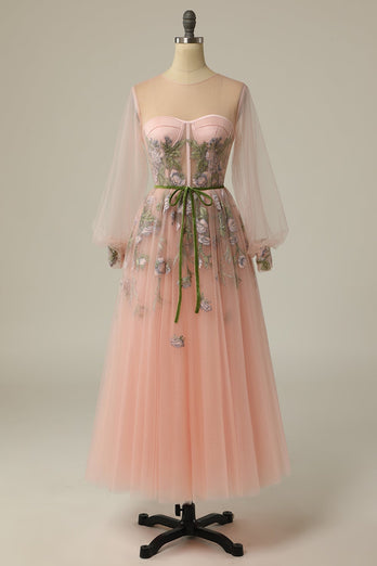 A Line Jewel Light Nude Tea Length Prom Dress with Long Sleeves