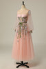 Load image into Gallery viewer, A Line Jewel Light Nude Tea Length Prom Dress with Long Sleeves