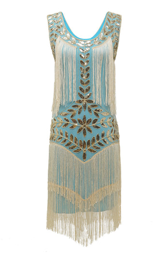 Champagne Gatsby 1920s Dress with Sequins and Fringes