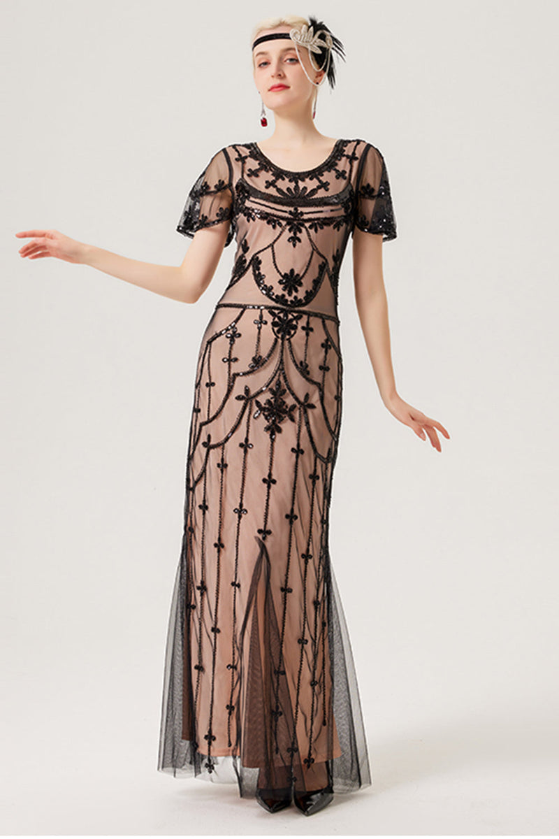 Load image into Gallery viewer, Black Blush Sequins Long 1920s Gatsby Dress