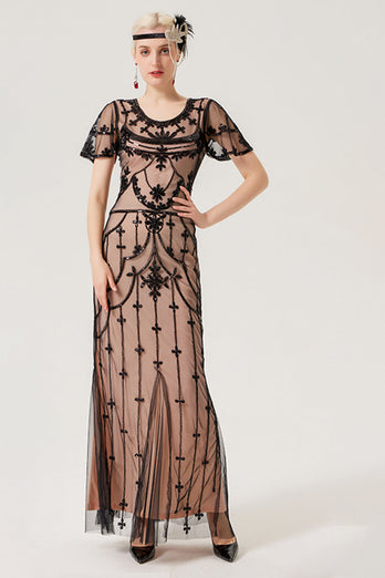 Black Blush Sequins Long 1920s Gatsby Dress