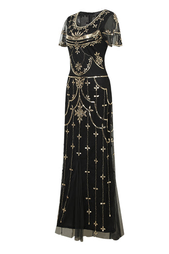 Black Blush Sequins Long 1920s Gatsby Dress