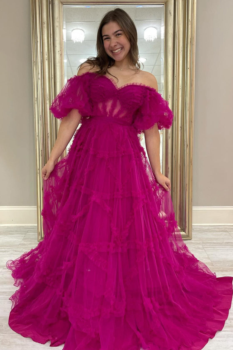 Load image into Gallery viewer, A-line Off the Shoulder Tulle Lavender Long Prom Dress