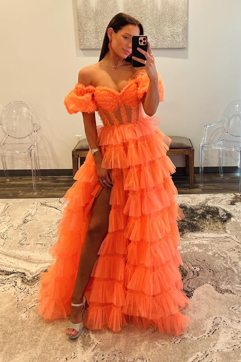 Load image into Gallery viewer, Orange A-Line Off the Shoulder Corset Ruffle Tiered Tulle Long Prom Dress with Slit