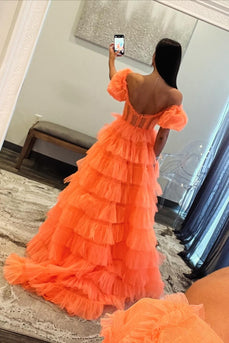 Orange A-Line Off the Shoulder Corset Ruffle Tiered Tulle Long Prom Dress with Slit