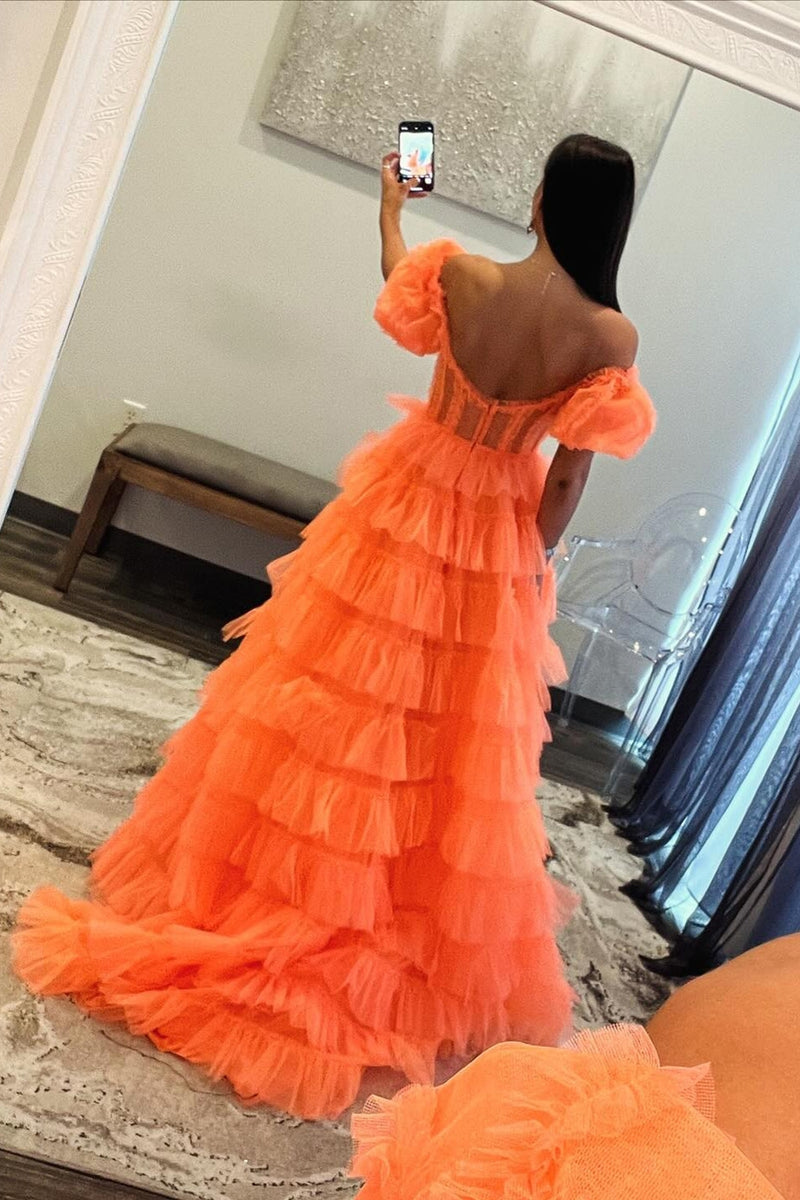 Load image into Gallery viewer, Orange A-Line Off the Shoulder Corset Ruffle Tiered Tulle Long Prom Dress with Slit