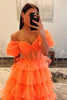 Load image into Gallery viewer, Orange A-Line Off the Shoulder Corset Ruffle Tiered Tulle Long Prom Dress with Slit