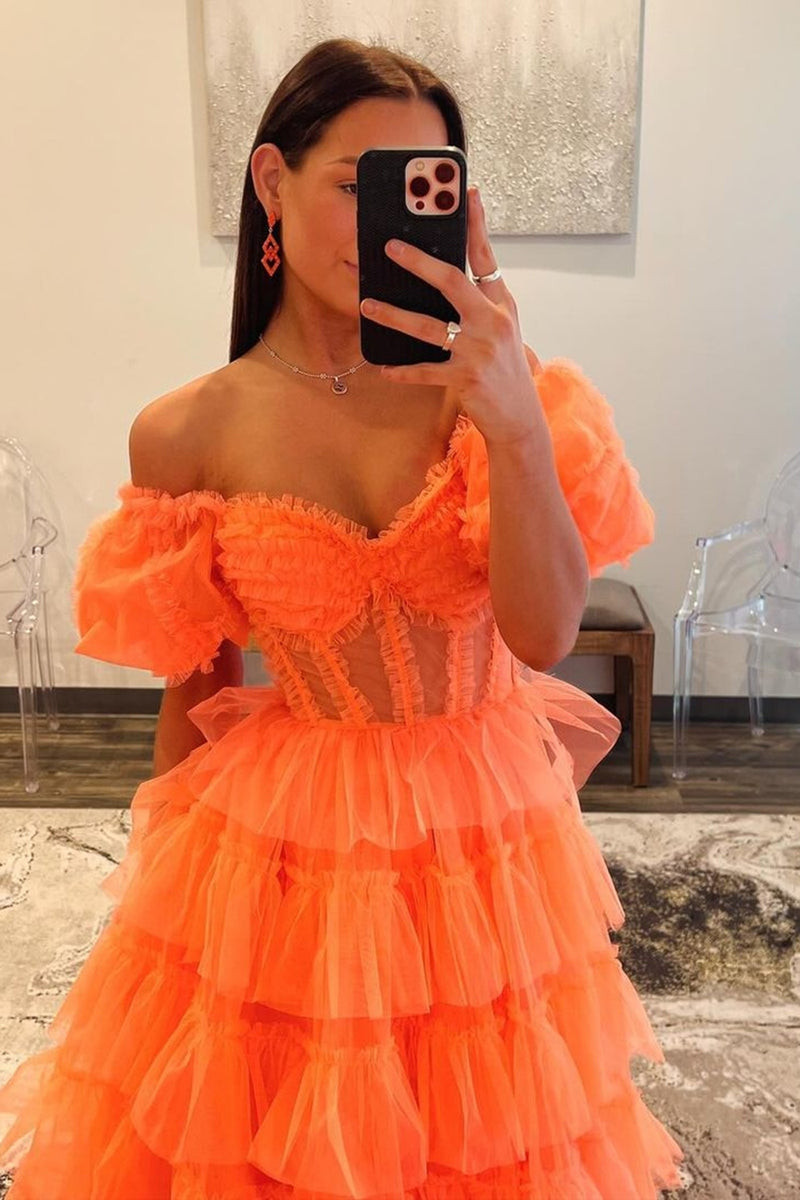 Load image into Gallery viewer, Orange A-Line Off the Shoulder Corset Ruffle Tiered Tulle Long Prom Dress with Slit