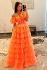 Load image into Gallery viewer, Orange A-Line Off the Shoulder Corset Ruffle Tiered Tulle Long Prom Dress with Slit