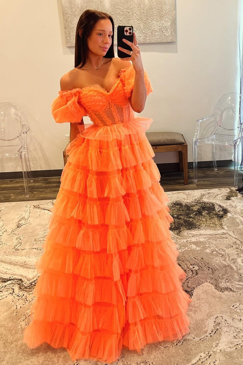 Load image into Gallery viewer, Orange A-Line Off the Shoulder Corset Ruffle Tiered Tulle Long Prom Dress with Slit