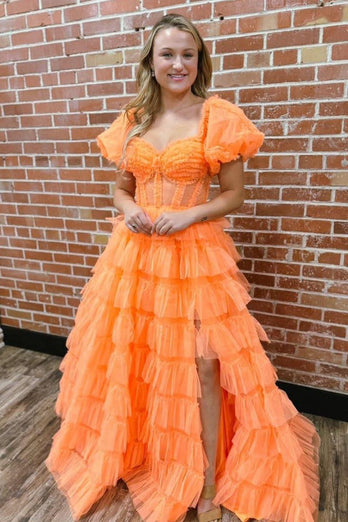 Orange A-Line Off the Shoulder Corset Ruffle Tiered Tulle Long Prom Dress with Slit