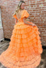 Load image into Gallery viewer, Orange A-Line Off the Shoulder Corset Ruffle Tiered Tulle Long Prom Dress with Slit